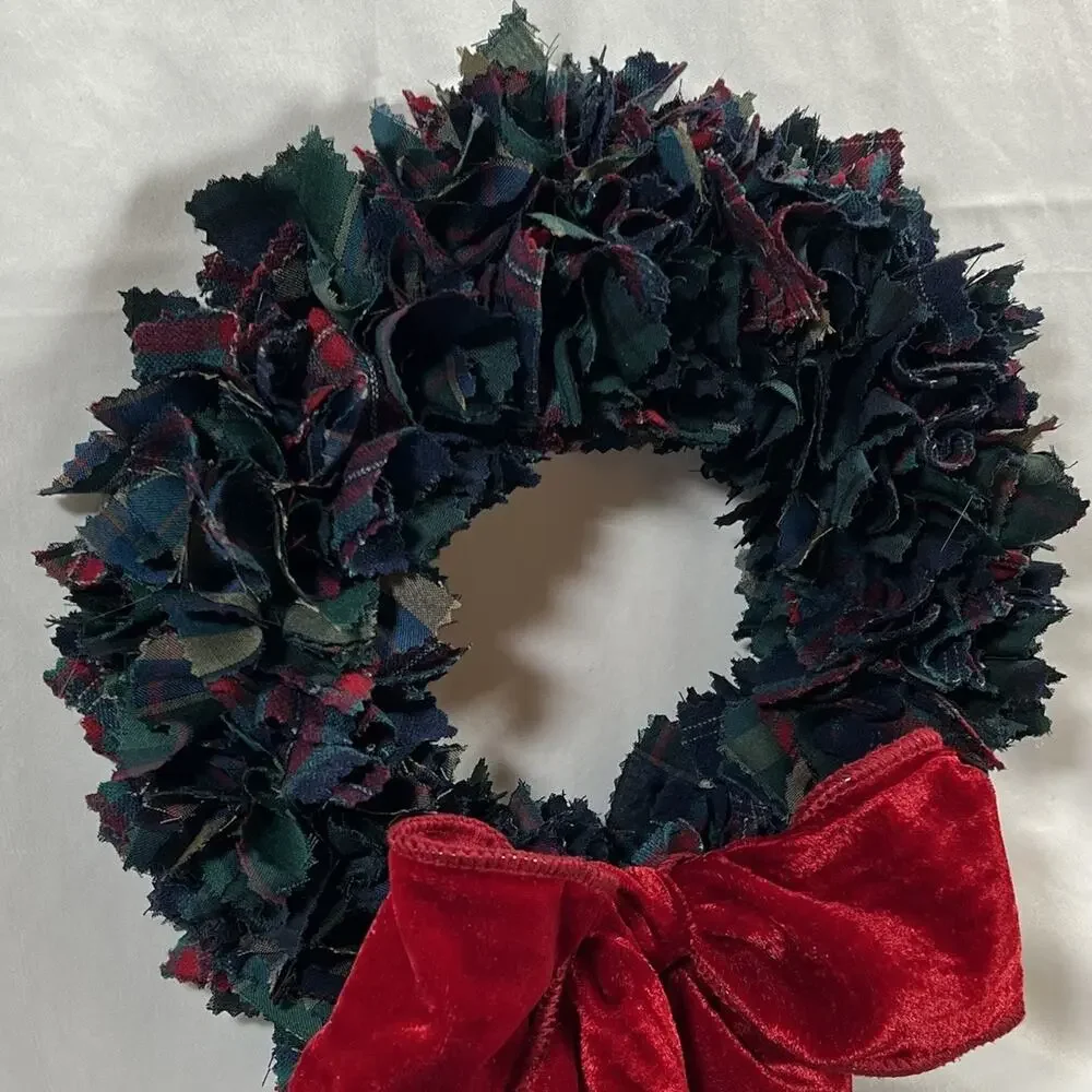 Handmade Pendleton Wool Shirt Wreath 12” Christmas Winter Plaid Red Velvet Bow